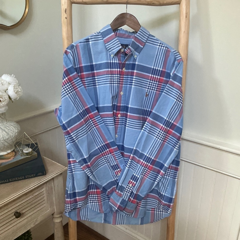 Ralph Lauren Classic Fit Plaid Oxford Shirt Mens XL Blue Red Long Sleeve Pony